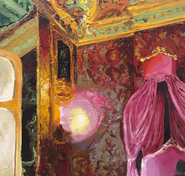 a painting of a bedroom scene with a bed and a pink canopy