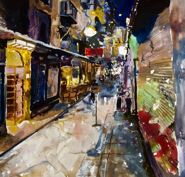 a painting of a street scene with a person walking down the street