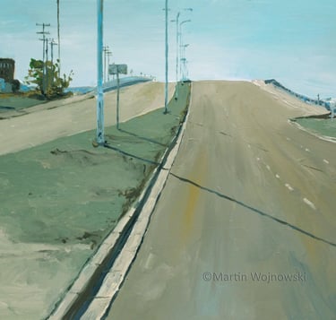 a painting of a road with a road sign