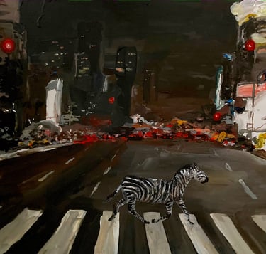 a zebra crossing the street in a city