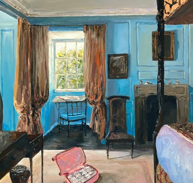 a painting of a bedroom with a suitcase full of white powder