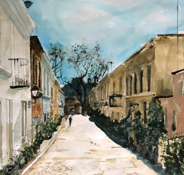 a painting of a street scene with a person walking down a street