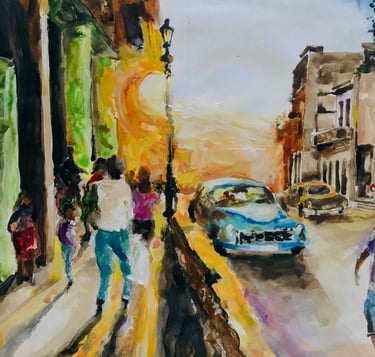 a painting of a car driving down a street in Havana