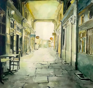 a painting of a n arcade with cafes and shops