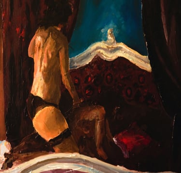 a painting of two women in a bed