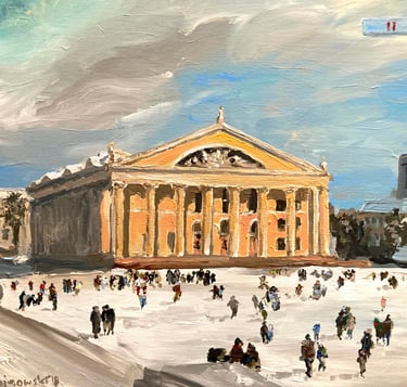 a painting of a building with people skating around it