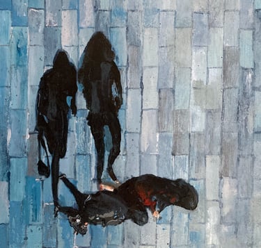 a painting of two people walking down a street