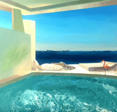 a painting of a pool with a flamingo on the deck