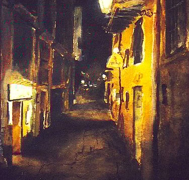 a painting of a street scene with a street light