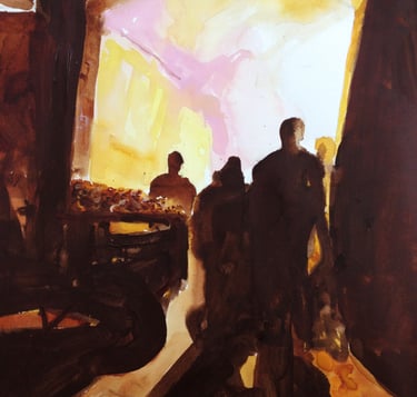 a painting of a man and a woman walking through a market