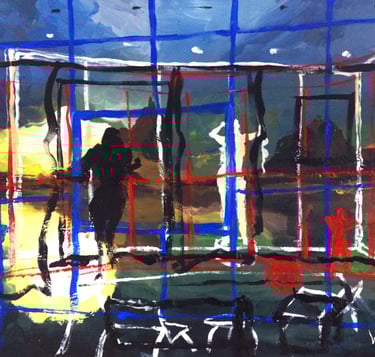 a painting of a person standing in front of a window