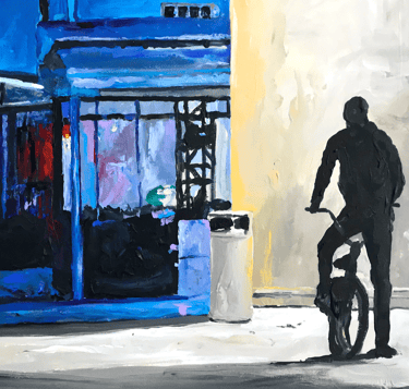 a painting of a shadowy man on a bike