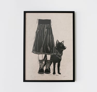 black dog artwork linocut print