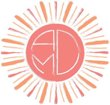 Graphic coral colored sun featuring the letters AMD inside