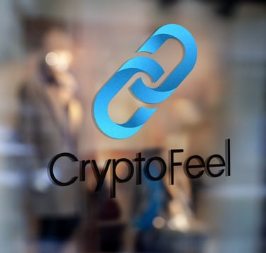 Logo CryptoFeel sur surface vitrée