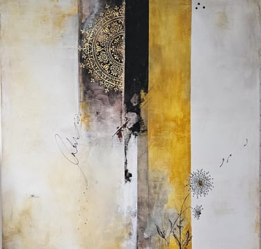 Abstract mixed media painting featuring mandala, yellow vertical bands, and delicate botanical dandelions.