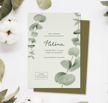 Faire part vert avec feuilles d’eucalyptus 