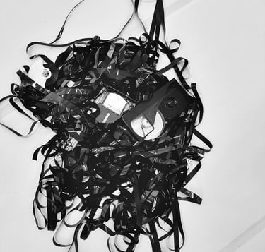 jumbled tape, analog vhs tape unwound depicting tapes in drag poetry performance by lvf.lvx 