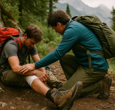 Helping hiker with leg injury during mountain wilderness hike