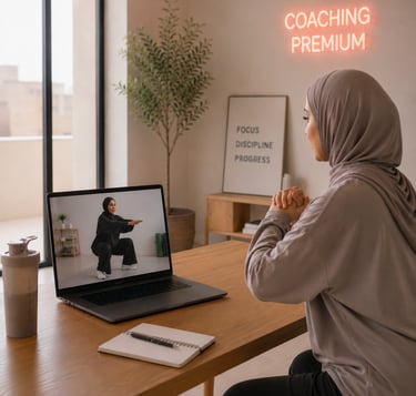 Femme coach sportive musulmane en séance de coaching fitness premium en visio à domicile