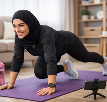 Femme musulmane réalisant un exercice de fitness d'un programme en ligne avec son smartphone