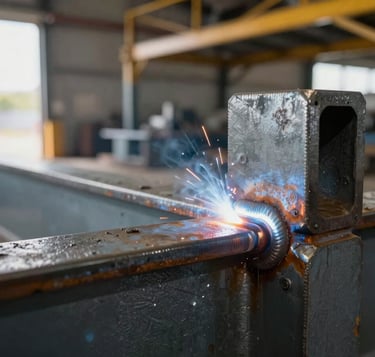 Tight detail shot of a structural steel weld joint on a warehouse frame, welding bead in sharp focus with mill scale texture visible, natural sidelight from an open bay door, depth of field falling off into the structural span behind