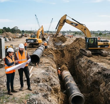 Wide shot of heavy machinery excavating a deep trench for a large-diameter water pipeline, engineers in high-visibility orange vests reviewing blueprints on-site, bright natural daylight, industrial construction site, 35mm