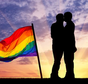 Two men close together in front of a sunset beside a pride flag