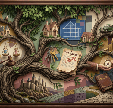A family tree illustration representing estate planning with icons for wills, trusts, and property deeds.