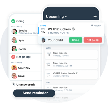 Heja app showing St. Paul Central MTB practice notifications and event calendar