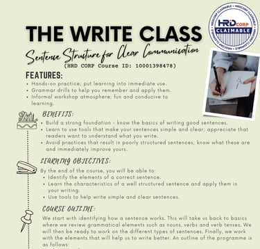 Brochure Write Class: Sentence Structure for Clear Communication. HRD Corp claimable