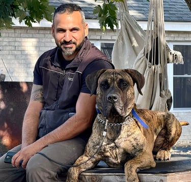 Dog trainer in Tampa sitting with a calm large brindle Presa Canario mastiff