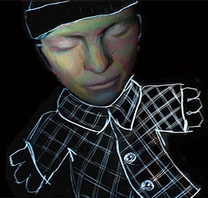 3d face of a woman with a draw coat on a black background