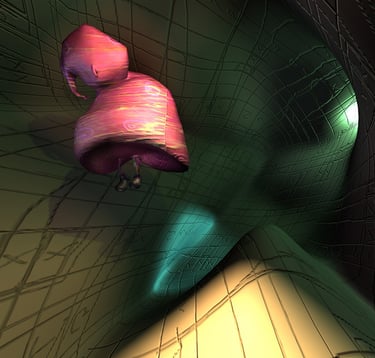 a red character standing in a curved space