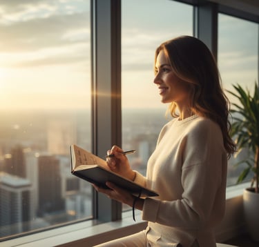 InnerLoom Life Coaching: woman writing in notebook overlooking city skyline during mindful moment