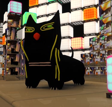 a cat in a room with mirrors and color squares