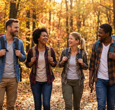 InnerLoom Life Coaching: Two couples in cozy knits laugh on a golden, leaf-strewn forest path. Fall sunlight.