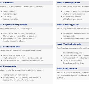 10 module headings and their content, for a TEFL course.