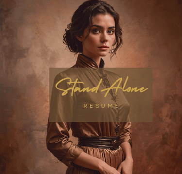 a woman in a brown dress with a brown dress with the words Resume 