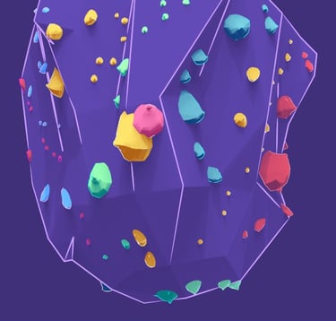 purple climbing wall full of colourful holds