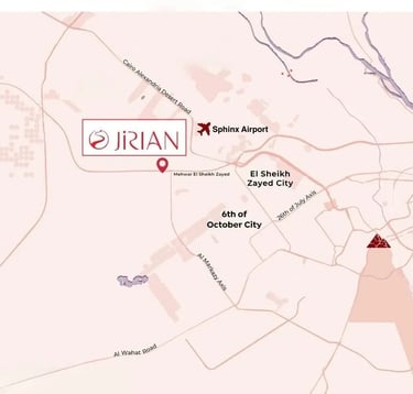 خريطة توضح موقع مشروع جُـريـان على محور الشيخ زايد بالقرب من مطار سفنكس