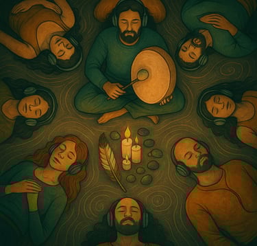 Breathwork session art image with shamanic drumming laying in a circle
