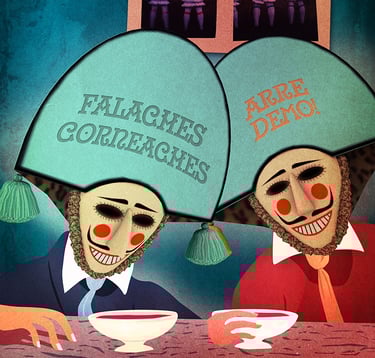 two people with masks on their heads drinking wine