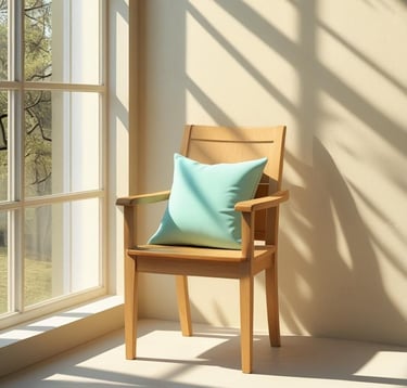 Silla de madera con cojín turquesa junto a una ventana iluminada por luz natural