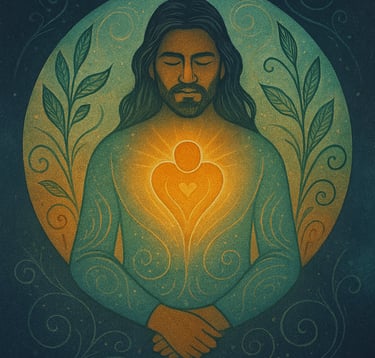 Man in contemplative pose with eyes closed - hands folded, heart in chest radiant