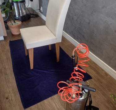 Serviço AJ Clean: impermeabilização de cadeira de jantar sobre tapete de proteção,extratora ao fundo