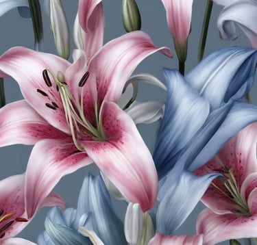 a bunch of flowers that are on a gray background