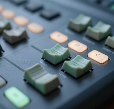 A macro photograph focusing on a professional color-grading console. The buttons are softly backlit with sage green and soft mint white lights. The shallow depth of field blurs a slate blue background, emphasizing the technical precision and reliability of the editor's tools.