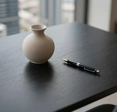 A sophisticated lifestyle shot from a high perspective looking down at a minimalist, dark desk in a Dubai skyscraper. A single bone-colored ceramic vessel and a black fountain pen are the only items, suggesting clarity, focus, and high-end strategic thought.