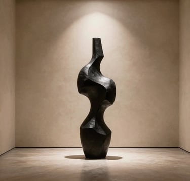 Professional architectural photography of a minimalist gallery space in the Middle East. A single, large-scale black abstract sculpture stands against a warm bone-colored plaster wall under a focused spotlight.